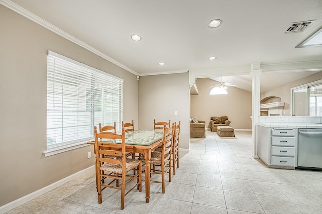 5711 W Fallon Ave, Fresno, CA 93722 - dining room featuring baseboards, visible vents, recessed lighting, a ceiling fan, and ornamental molding