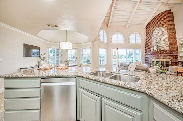 kitchen featuring light stone counters, stainless steel dishwasher, a sink, beam ceiling, and open floor plan