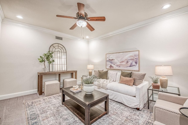 living room with carpet flooring, baseboards, visible vents, recessed lighting, and ceiling fan