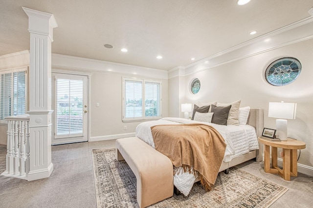 bedroom featuring light colored carpet, ornamental molding, access to outside, and ornate columns