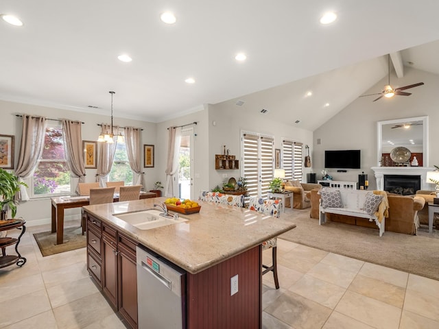 10640 N Old Course Dr, Fresno, CA 93730 - kitchen with a kitchen breakfast bar, a sink, recessed lighting, dishwasher, and light tile patterned floors