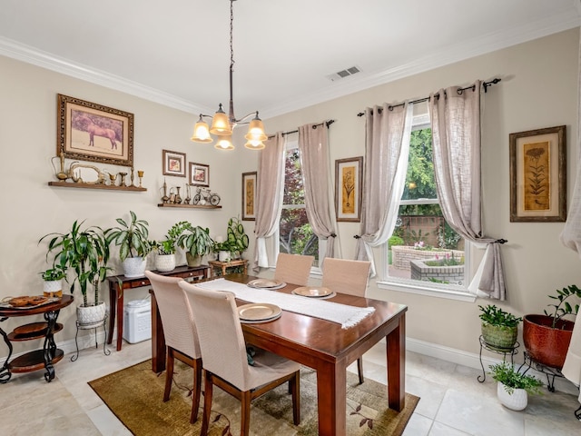 10640 N Old Course Dr, Fresno, CA 93730 - dining area with baseboards, visible vents, a notable chandelier, and crown molding