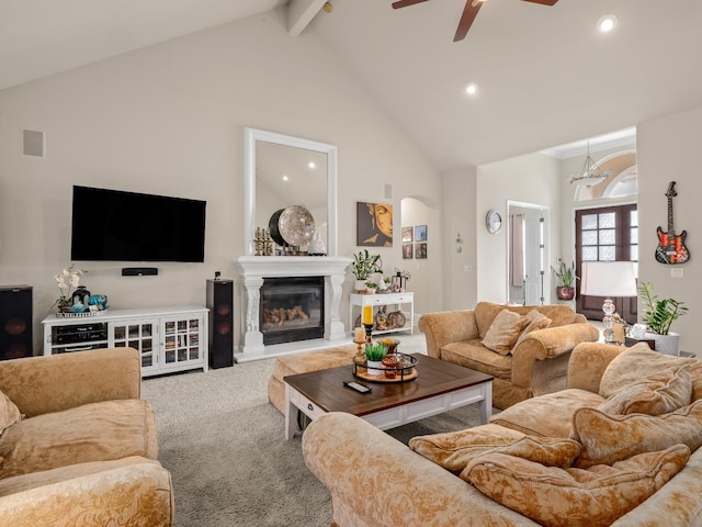 10640 N Old Course Dr, Fresno, CA 93730 - living area with recessed lighting, a ceiling fan, beam ceiling, carpet flooring, and high vaulted ceiling