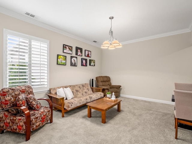 10640 N Old Course Dr, Fresno, CA 93730 - living area featuring visible vents, baseboards, carpet flooring, and ornamental molding
