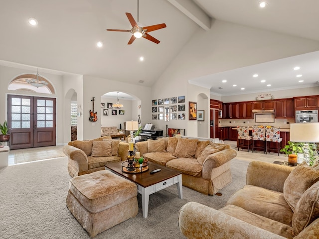 10640 N Old Course Dr, Fresno, CA 93730 - living area with a ceiling fan, arched walkways, recessed lighting, and high vaulted ceiling
