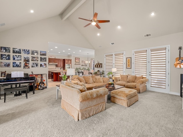 10640 N Old Course Dr, Fresno, CA 93730 - living room featuring light carpet, visible vents, recessed lighting, and ceiling fan