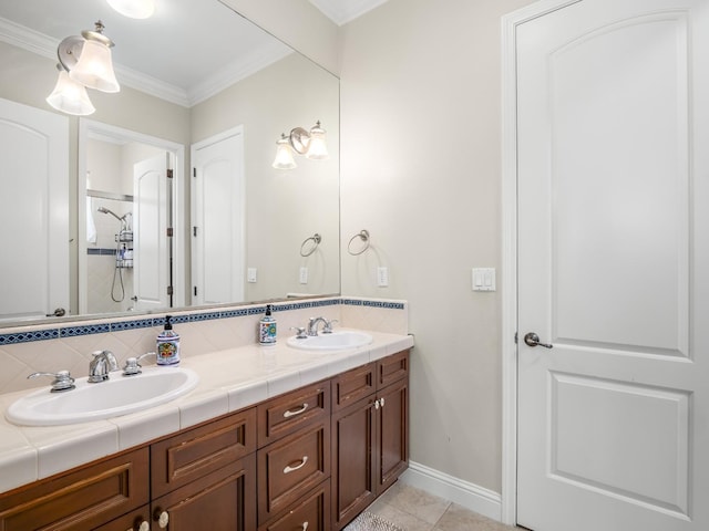 10640 N Old Course Dr, Fresno, CA 93730 - bathroom with a sink, backsplash, double vanity, and crown molding