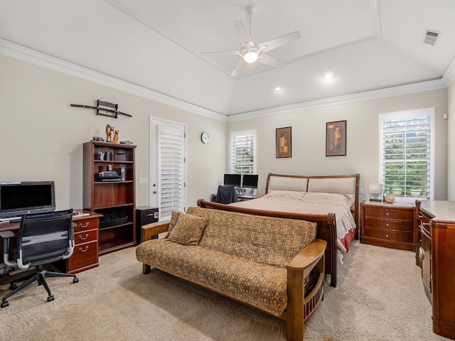 10640 N Old Course Dr, Fresno, CA 93730 - bedroom featuring light carpet, crown molding, vaulted ceiling, and visible vents