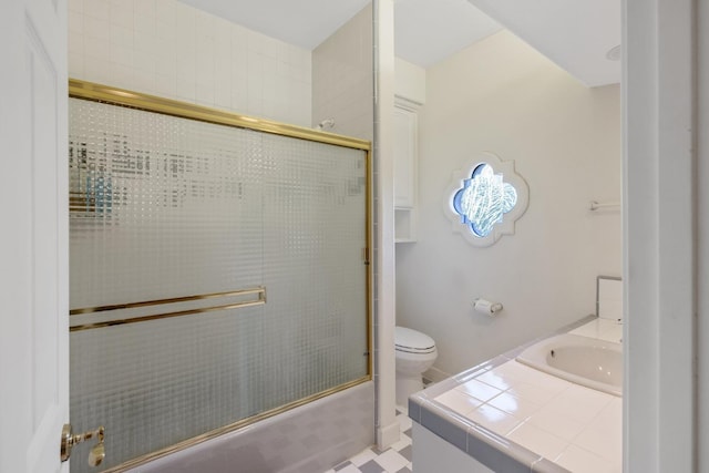 full bath featuring toilet, a shower with door, and a sink
