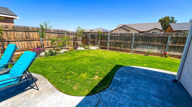 view of yard with a fenced backyard and a patio