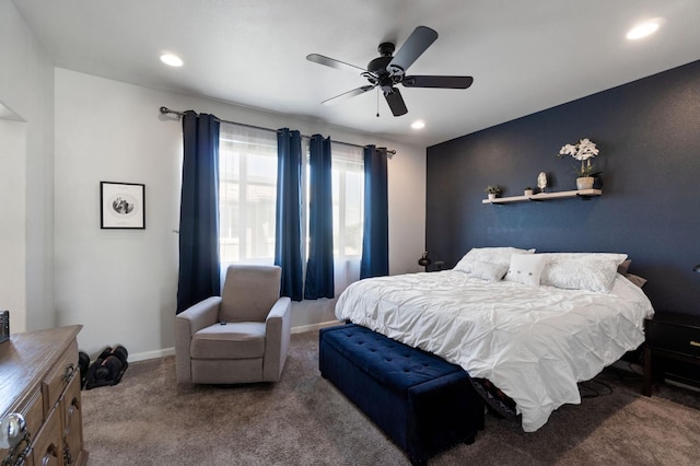 bedroom with carpet, recessed lighting, baseboards, and a ceiling fan