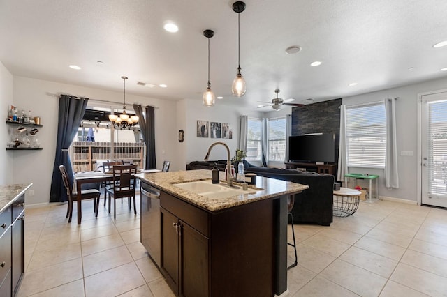 kitchen with a sink, a ceiling fan, dishwasher, light tile patterned floors, and recessed lighting