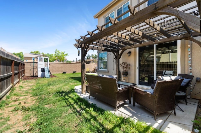 view of patio featuring a storage unit, a pergola, an outdoor structure, and an outdoor hangout area