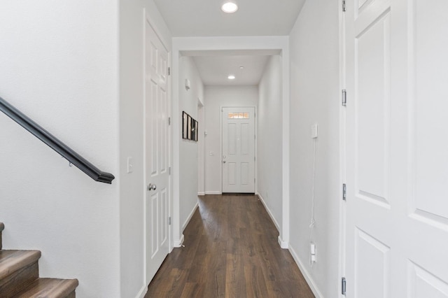 2067 E Axelson Dr, Fresno, CA 93730 - hallway with recessed lighting, baseboards, stairs, and dark wood-type flooring