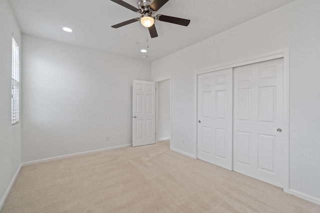 2067 E Axelson Dr, Fresno, CA 93730 - unfurnished bedroom featuring a ceiling fan, baseboards, a closet, light carpet, and recessed lighting