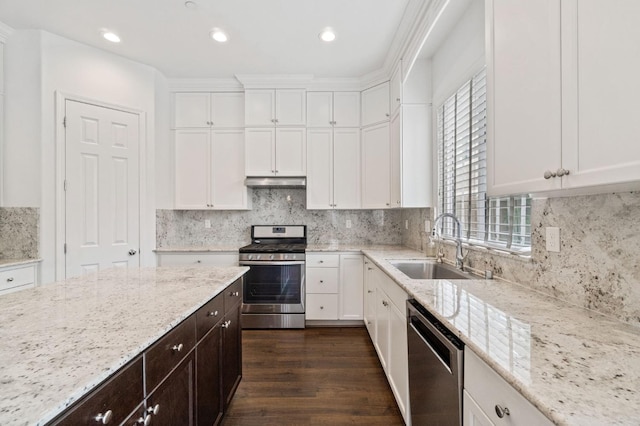 2067 E Axelson Dr, Fresno, CA 93730 - kitchen featuring under cabinet range hood, white cabinetry, appliances with stainless steel finishes, and a sink