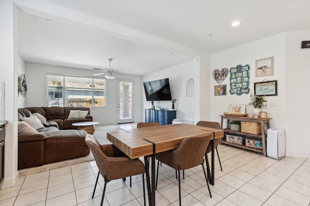3821 Leigh Ln, Clovis, CA 93619 - dining space featuring baseboards, recessed lighting, a ceiling fan, and light tile patterned floors