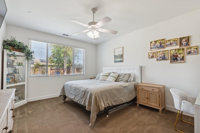 3821 Leigh Ln, Clovis, CA 93619 - bedroom with visible vents, dark colored carpet, baseboards, and a ceiling fan