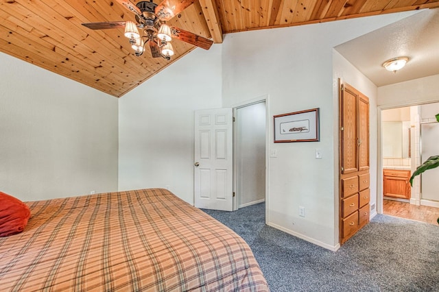 42153 Hemlock Ln, Shaver Lake, CA 93664 - unfurnished bedroom with wood ceiling, carpet flooring, baseboards, and high vaulted ceiling