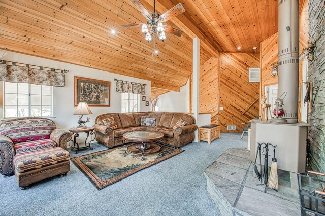 42153 Hemlock Ln, Shaver Lake, CA 93664 - living room with carpet flooring, wood ceiling, healthy amount of natural light, vaulted ceiling, and ceiling fan