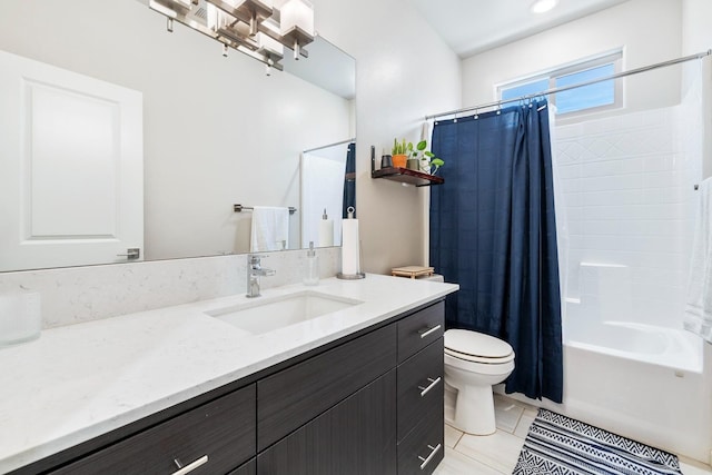 full bathroom featuring toilet, shower / bath combination with curtain, tile patterned flooring, and vanity