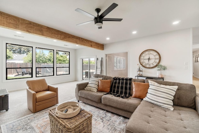 carpeted living area with recessed lighting, visible vents, a ceiling fan, and beam ceiling