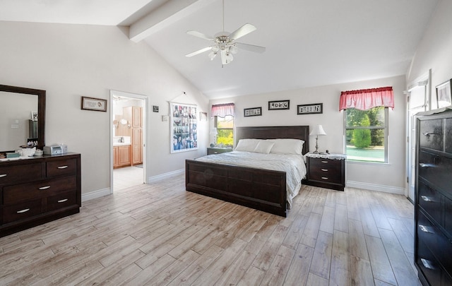 bedroom featuring beamed ceiling, light wood finished floors, baseboards, and a ceiling fan