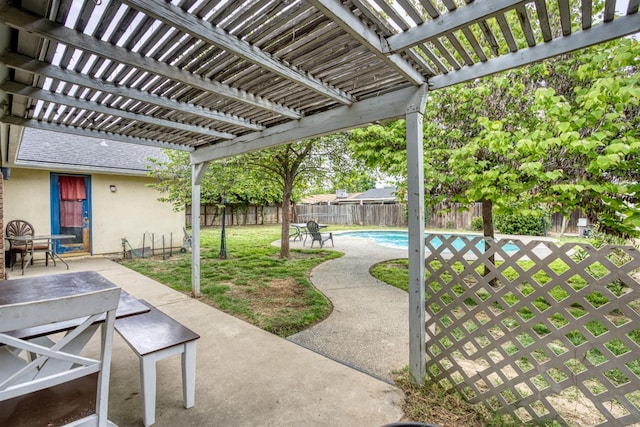 view of patio featuring a fenced backyard, a pergola, and a fenced in pool