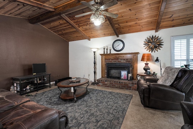 living room featuring carpet flooring, vaulted ceiling with beams, a brick fireplace, ceiling fan, and wooden ceiling