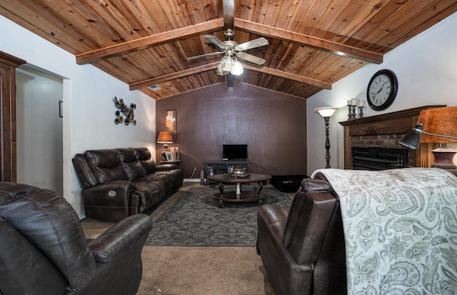 living area featuring wooden ceiling, a ceiling fan, vaulted ceiling with beams, and carpet