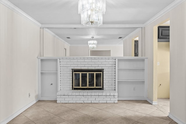 unfurnished living room with crown molding, a brick fireplace, tile patterned floors, and a notable chandelier