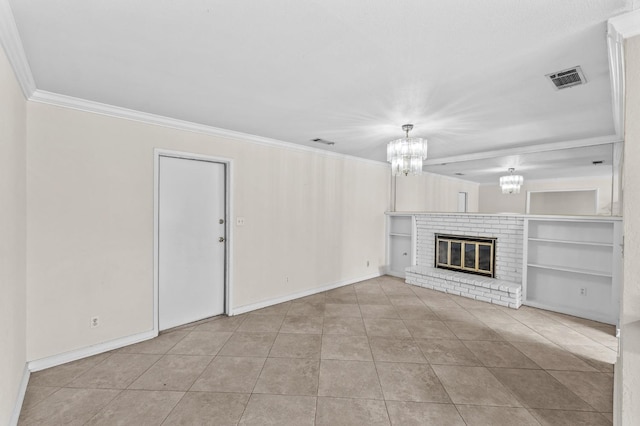 unfurnished living room with a notable chandelier, tile patterned flooring, crown molding, and visible vents