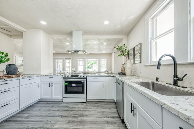 2225 N Van Ness Blvd, Fresno, CA 93704 - kitchen featuring appliances with stainless steel finishes, island range hood, a sink, recessed lighting, and light stone countertops