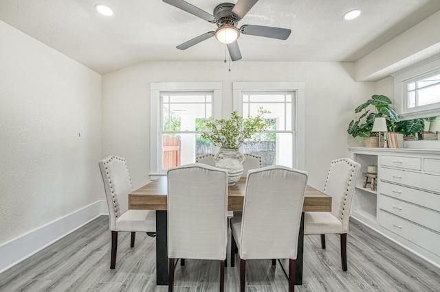2225 N Van Ness Blvd, Fresno, CA 93704 - dining area with light wood finished floors, a ceiling fan, recessed lighting, baseboards, and lofted ceiling