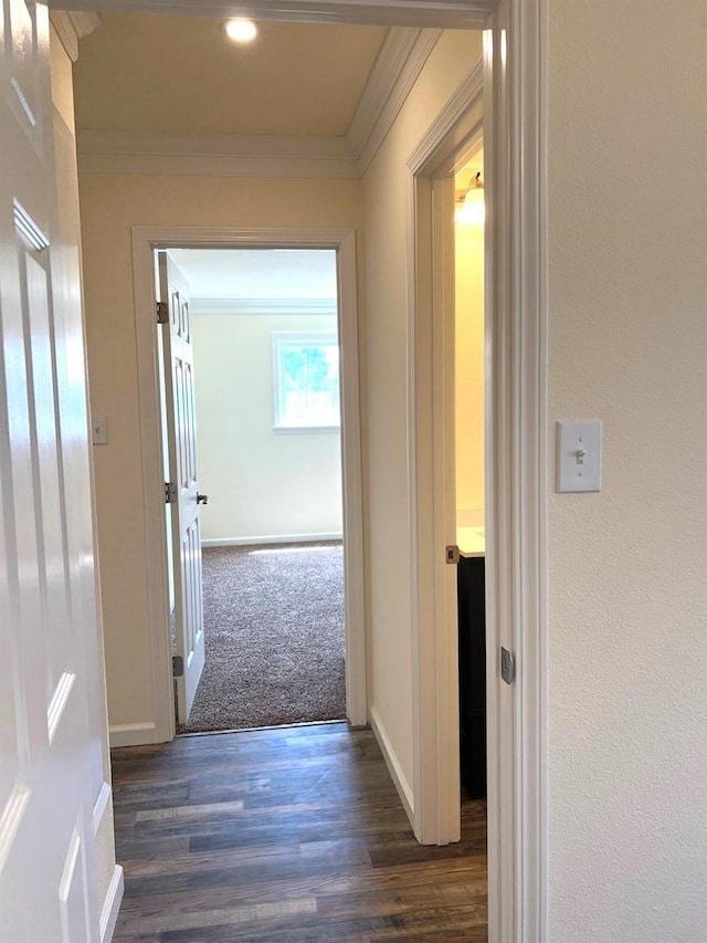 1565 Bluejay, Hanford, CA 93230 - corridor featuring ornamental molding, dark wood-style flooring, and baseboards