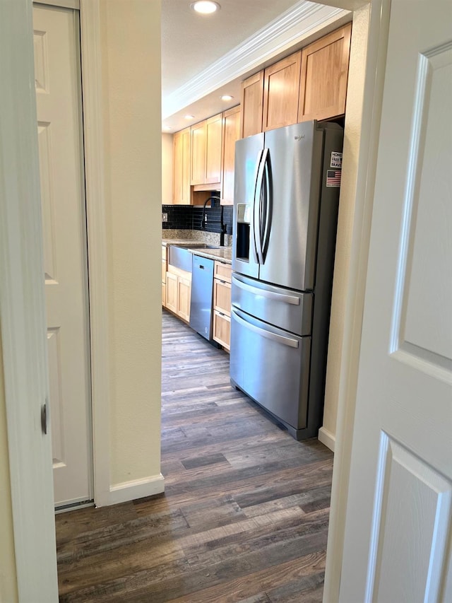 1565 Bluejay, Hanford, CA 93230 - kitchen with stainless steel fridge, dishwasher, a sink, dark wood-type flooring, and baseboards