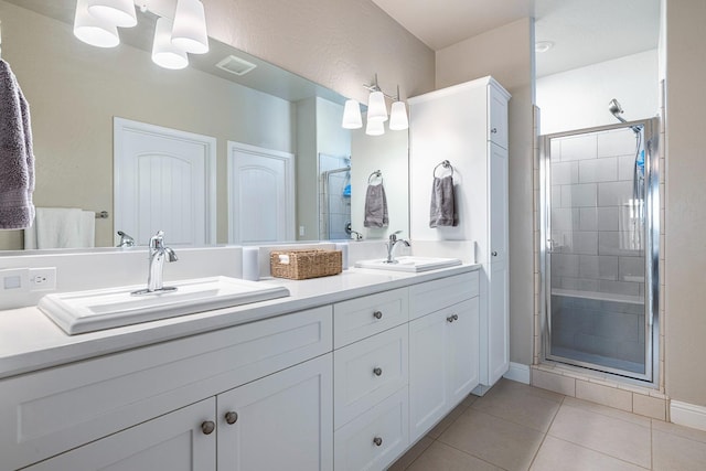 bathroom with tile patterned floors, visible vents, a stall shower, and a sink