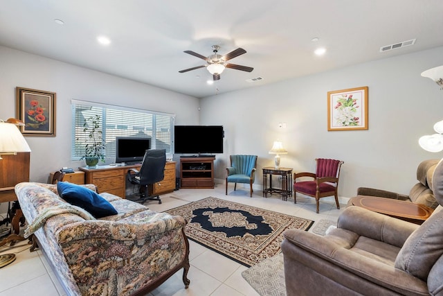 living room with visible vents, light tile patterned floors, ceiling fan, and recessed lighting
