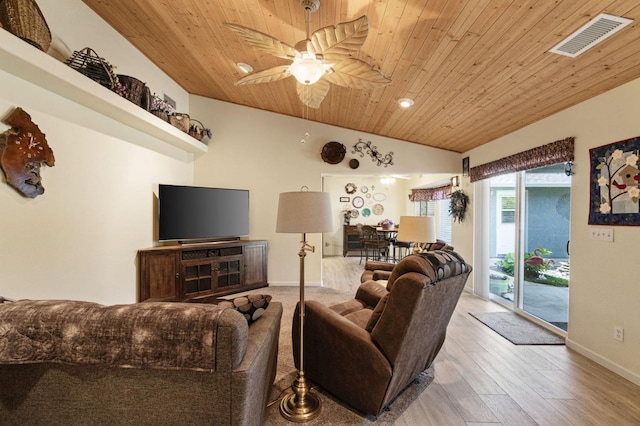 43443 Running Deer Dr, Coarsegold, CA 93614 - living room featuring visible vents, baseboards, wooden ceiling, wood finished floors, and a ceiling fan