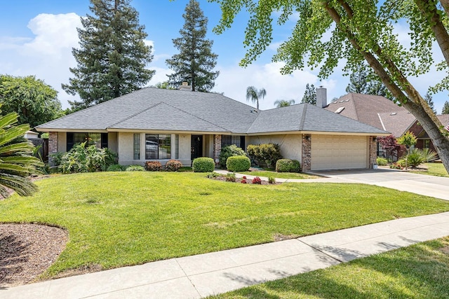 ranch-style house featuring a front lawn, a chimney, brick siding, concrete driveway, and an attached garage