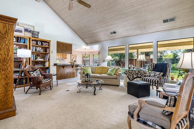 carpeted living area featuring visible vents, wood ceiling, ceiling fan, and high vaulted ceiling