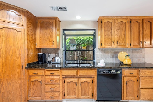 kitchen featuring visible vents, decorative backsplash, a sink, dark stone countertops, and dishwasher