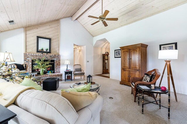 living room with beamed ceiling, ceiling fan, high vaulted ceiling, light colored carpet, and wooden ceiling