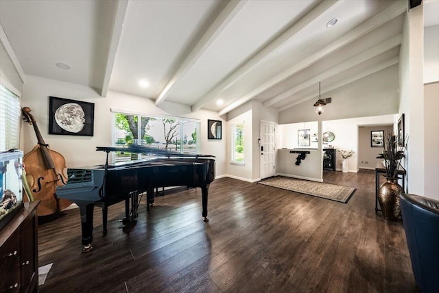 living area with lofted ceiling with beams, dark wood finished floors, and baseboards