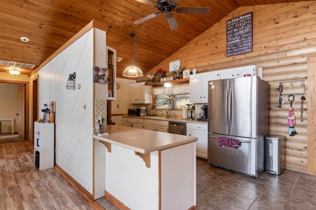 31008 N Dome Dr, Coarsegold, CA 93614 - kitchen featuring stainless steel appliances, wooden ceiling, a peninsula, white cabinetry, and ceiling fan