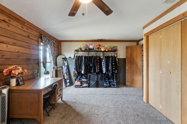 31008 N Dome Dr, Coarsegold, CA 93614 - office space featuring carpet, ceiling fan, and wooden walls