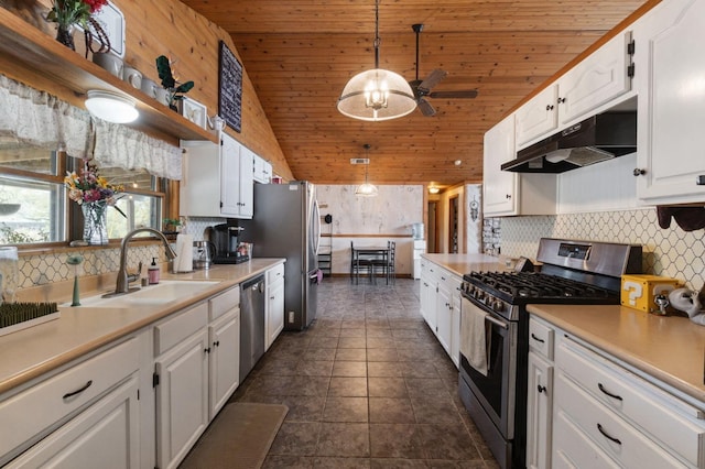31008 N Dome Dr, Coarsegold, CA 93614 - kitchen featuring appliances with stainless steel finishes, under cabinet range hood, wood ceiling, white cabinetry, and a sink