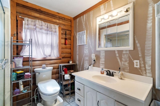 31008 N Dome Dr, Coarsegold, CA 93614 - bathroom featuring rustic walls, toilet, and vanity
