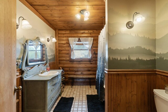 31008 N Dome Dr, Coarsegold, CA 93614 - bathroom with log walls, wood ceiling, a wainscoted wall, toilet, and vanity