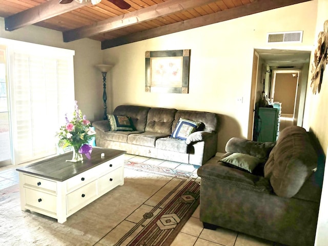 living area featuring ceiling fan, wooden ceiling, light tile patterned floors, beamed ceiling, and visible vents